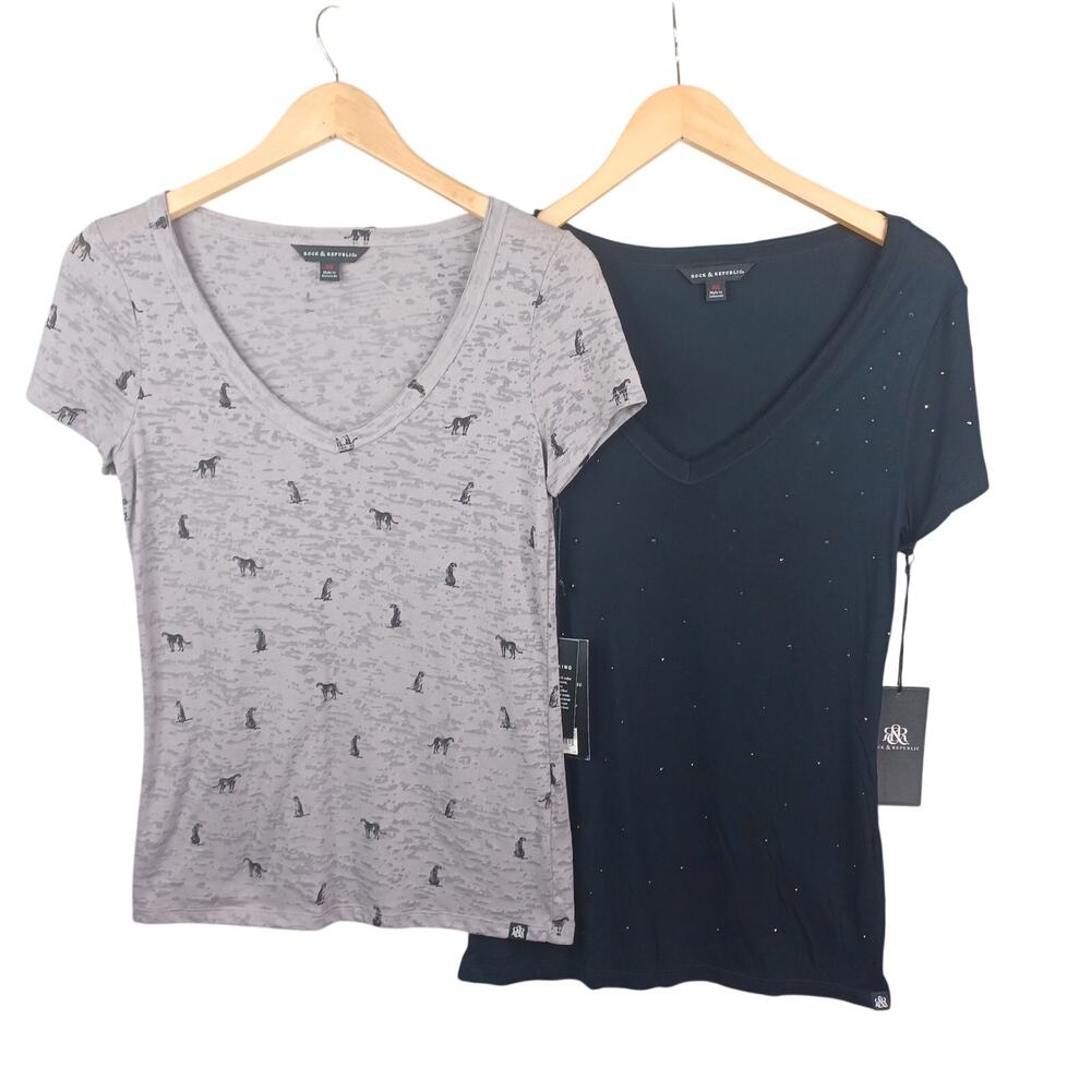 Rock & Republic V-neck Top Lot of Two XS Studded Burnout Grunge Gothic Black NWT